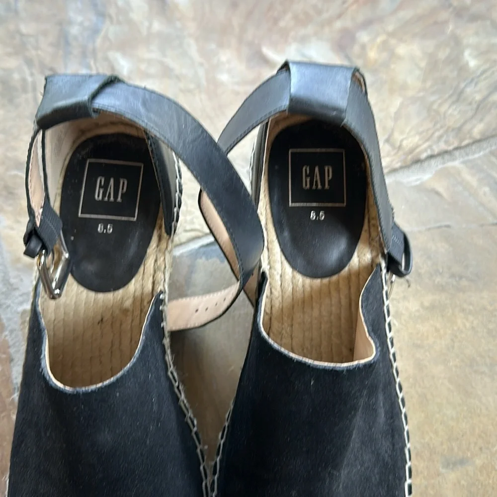 GAP Espadrilles Black Suede w/ Leather Silver Buckle Ankle Strap Size 8.5